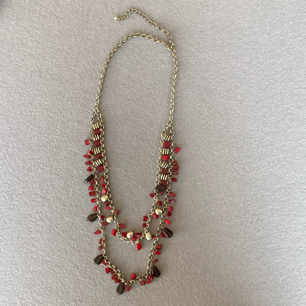Red Beaded Layered Necklace with Adjustable Chain
